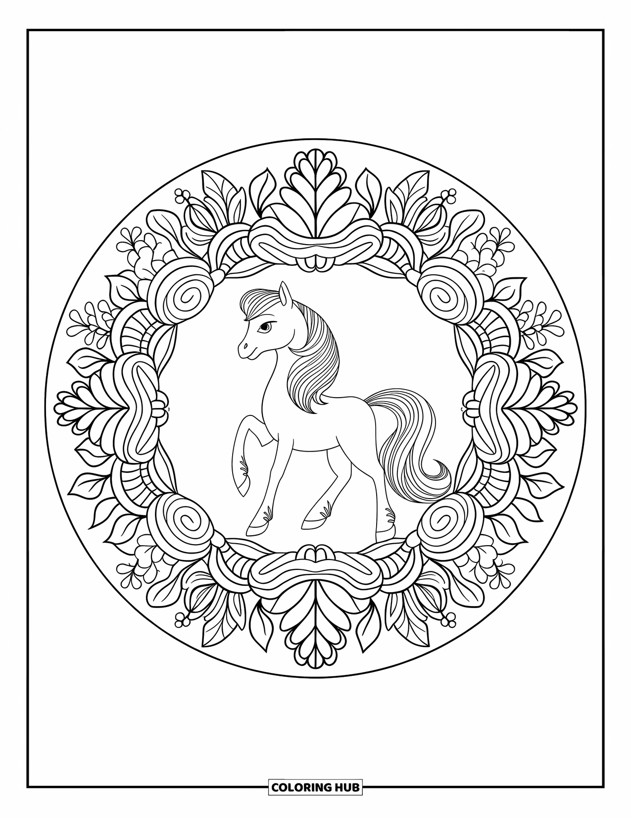 Coloriage de poney pour adultes : Un poney fier se tient à l’intérieur d’un mandala floral circulaire détaillé
