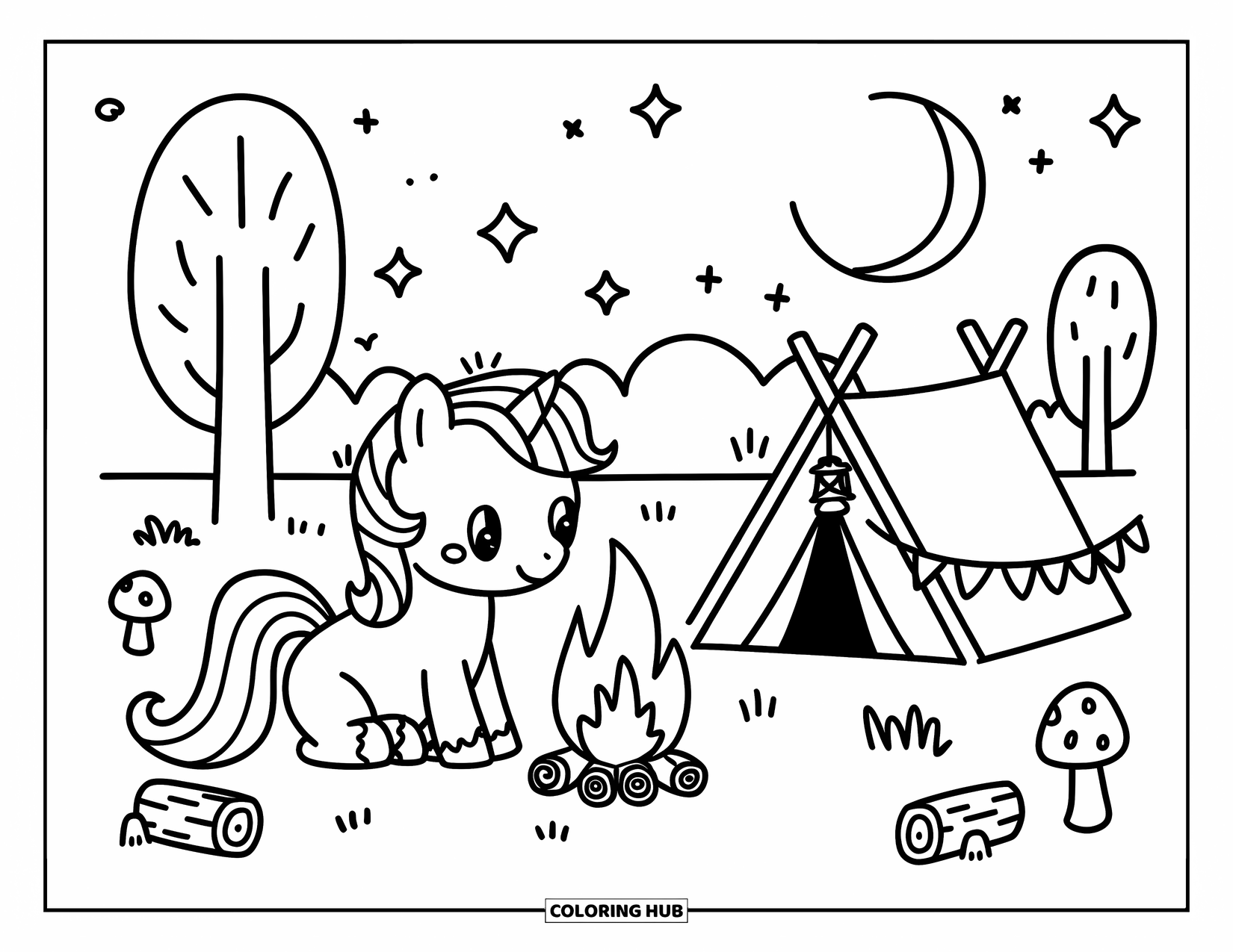 Coloriage de poney pour adultes : Un poney adorable profite d’un feu de camp sous les étoiles à côté d’une tente décorée de fanions