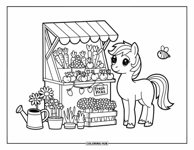 Coloriage de poney pour adultes : Un poney adorable explore un minuscule étal rempli de fleurs, de pommes et de carottes