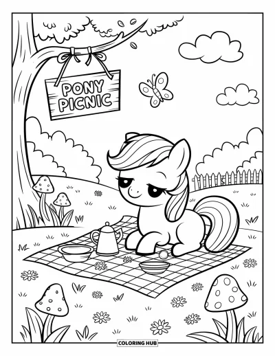 Coloriage de poney pour adultes : Un poney adorable pique-nique sous des nuages doux avec du thé, des friandises et des champignons