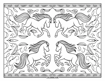 Coloriage de poney pour adultes : Quatre poneys gracieux gambadent en cercle avec des vignes et des feuilles tourbillonnantes