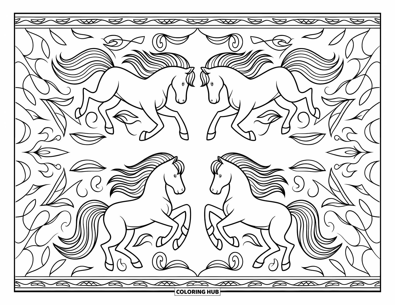 Coloriage de poney pour adultes : Quatre poneys gracieux gambadent en cercle avec des vignes et des feuilles tourbillonnantes