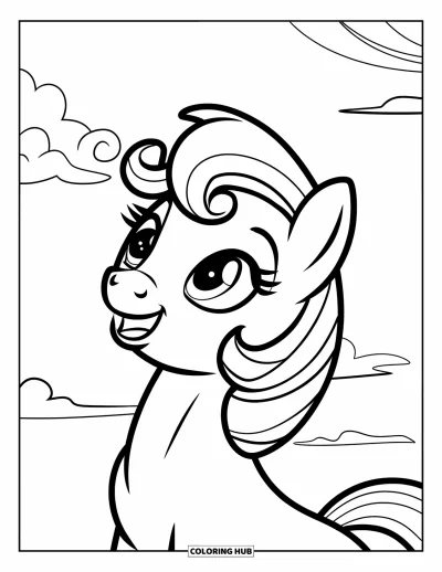Coloriage de poney pour enfants : Un poney aux grands yeux avec un visage rond regarde le ciel et les nuages