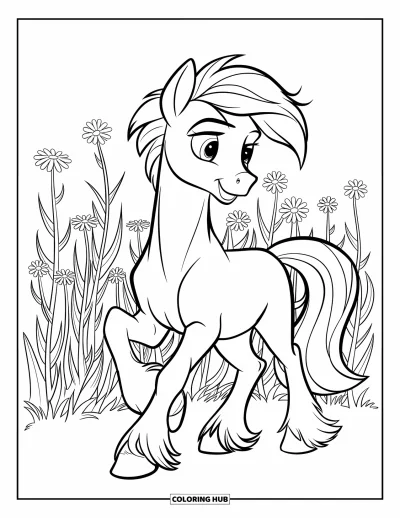 Coloriage de poney pour enfants : Un poney à la crinière venteuse se promène dans un champ ensoleillé rempli de grandes fleurs