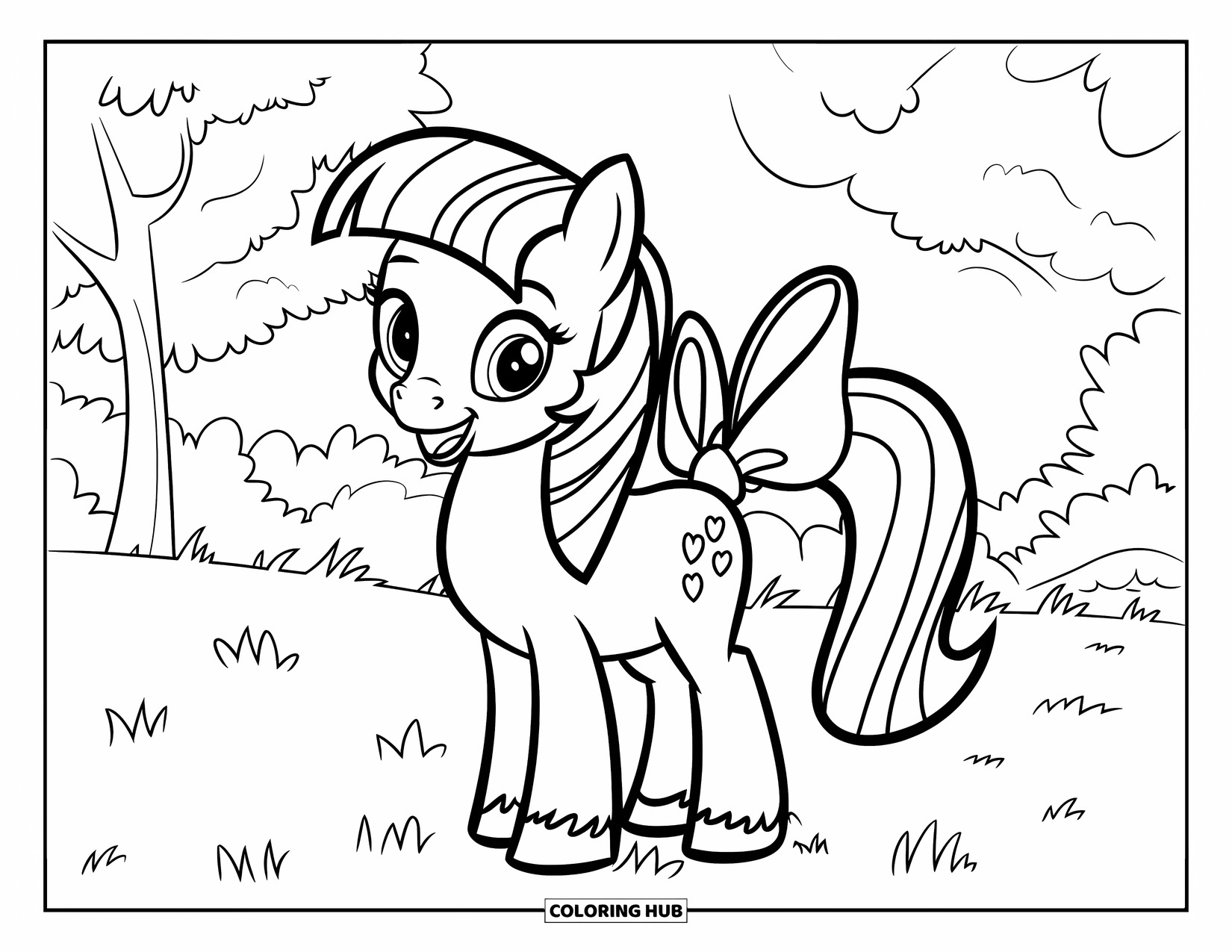 Coloriage de poney pour enfants : Un poney joyeux se tient sur l’herbe avec un grand nœud attaché à sa queue