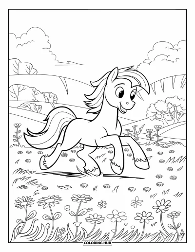 Coloriage de poney pour enfants : Un poney joyeux avec une selle rouge court à travers une prairie de fleurs