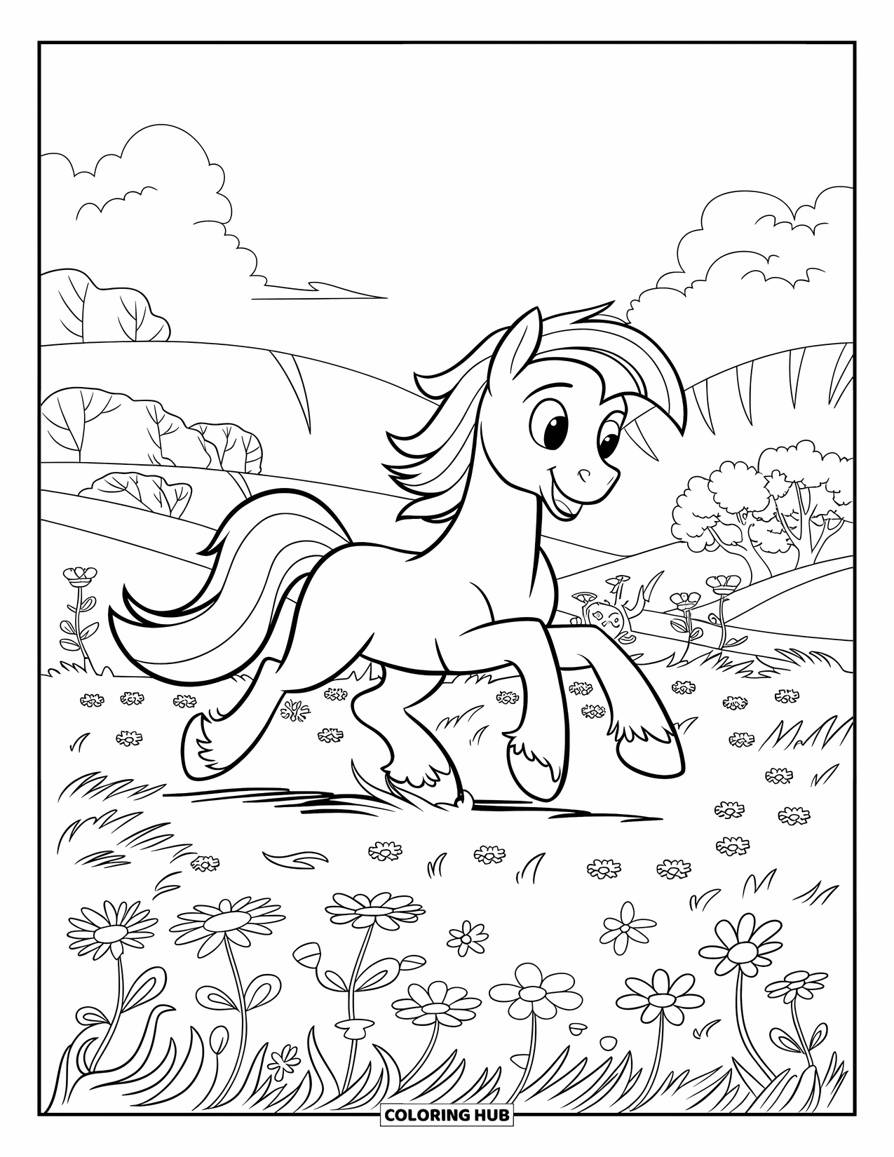 Coloriage de poney pour enfants : Un poney joyeux avec une selle rouge court à travers une prairie de fleurs