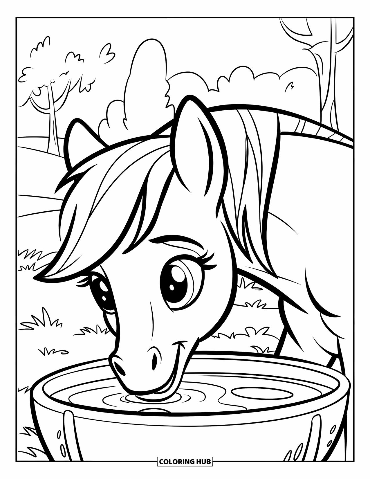 Coloriage de poney pour enfants : Un poney joyeux avec de grands yeux boit dans une auge près de quelques arbres