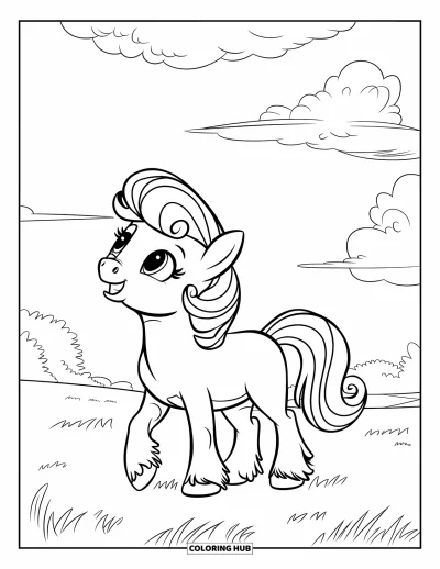 Coloriage de poney pour enfants : Un poney à la crinière bouclée regarde le ciel tout en se tenant dans un champ herbeux