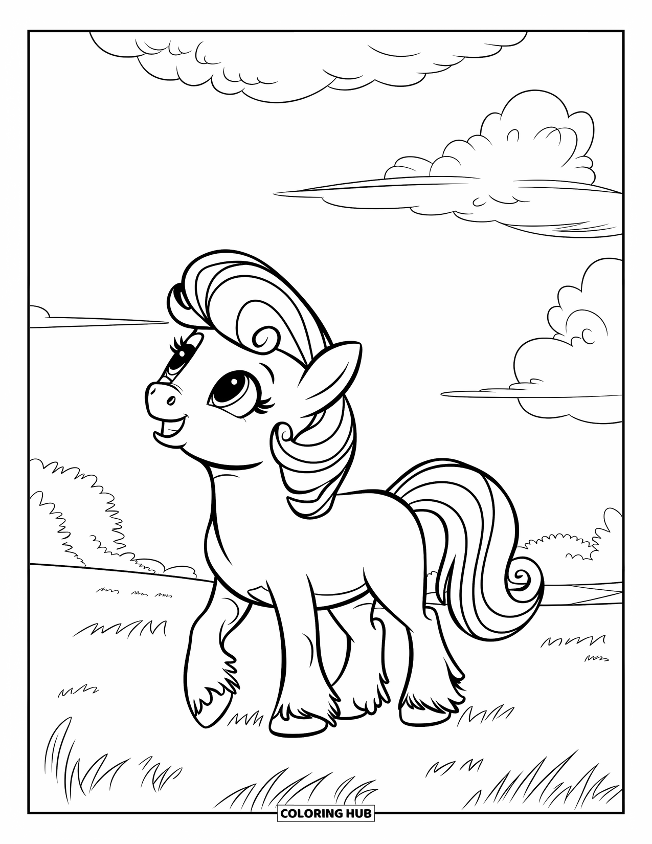 Coloriage de poney pour enfants : Un poney à la crinière bouclée regarde le ciel tout en se tenant dans un champ herbeux