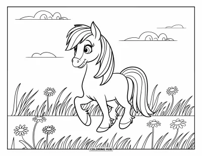 Coloriage de poney pour enfants : Un poney mignon se promène dans de hautes herbes et des marguerites sous un ciel clair et dégagé