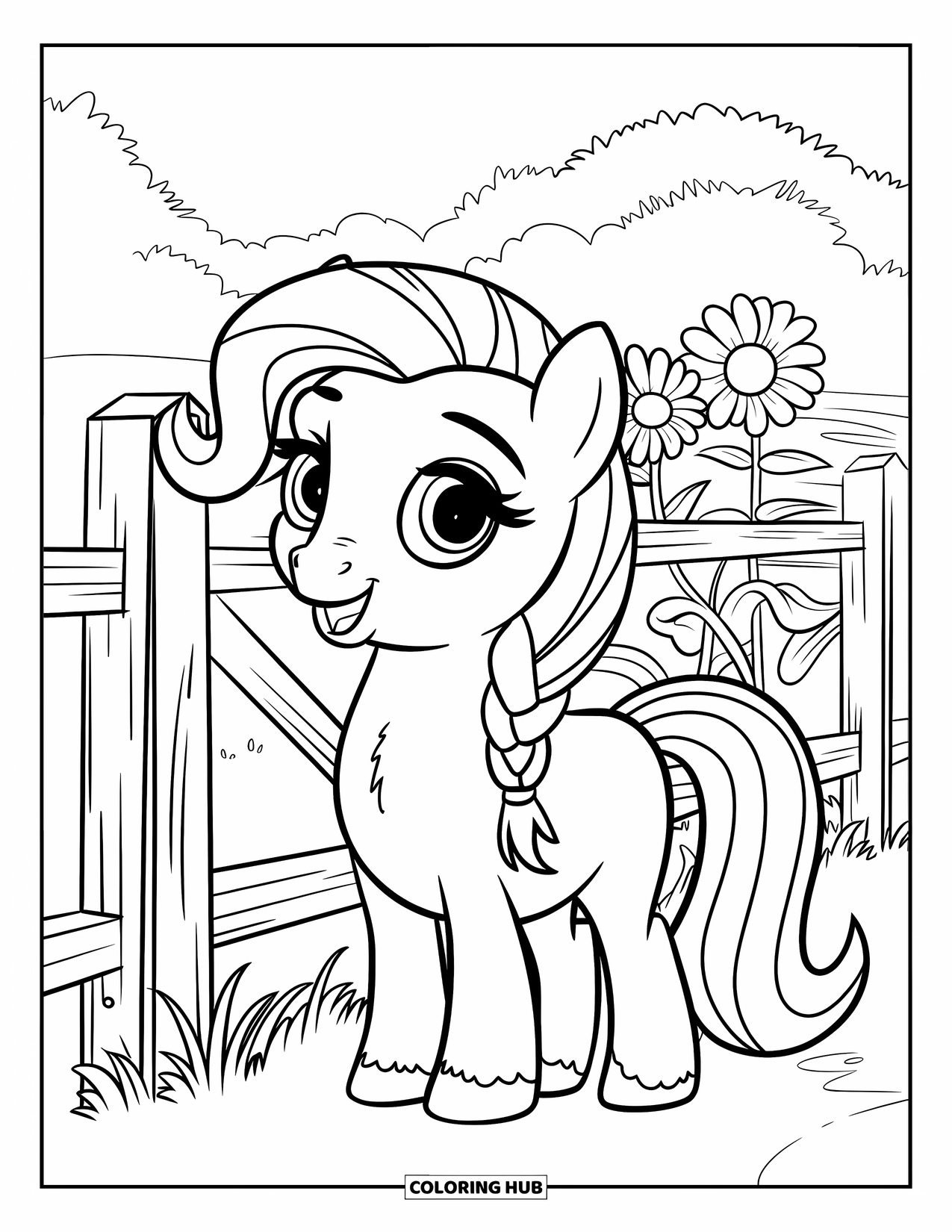 Coloriage de poney pour enfants : Un poney mignon avec une clochette et une tresse se tient près d’une clôture de tournesols
