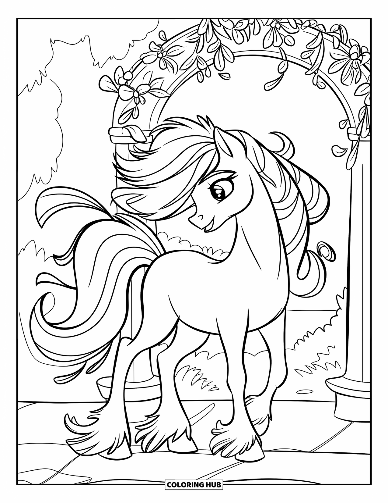 Coloriage de poney pour enfants : Un poney à la crinière flottante avec des rubans se tient près d’une arche couverte de fleurs dans un espace vert