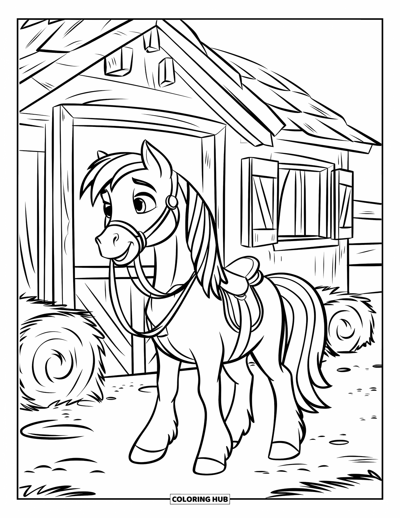 Coloriage de poney pour enfants : Un poney amical dans une selle se tient près d’une étable en bois confortable