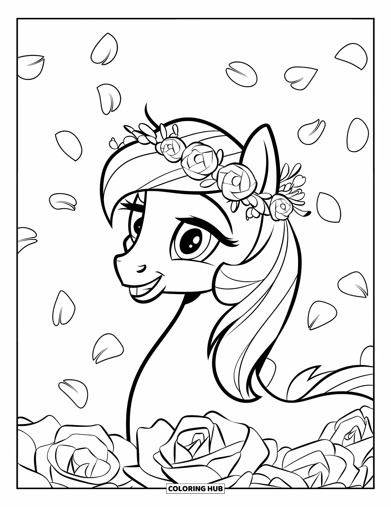 Coloriage de poney pour enfants : Un poney doux avec une couronne de fleurs a l’air paisible parmi les pétales de rose qui tombent