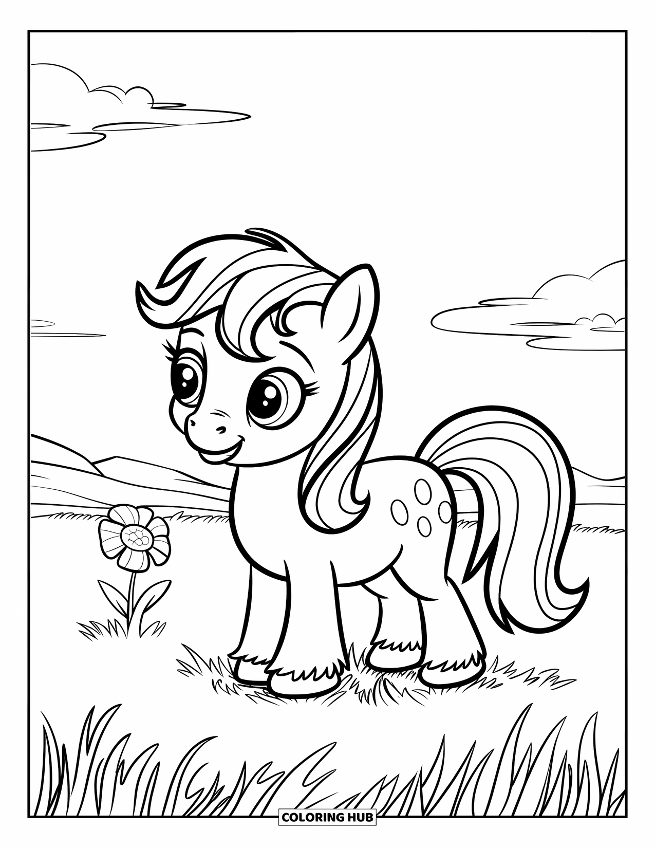 Coloriage de poney pour enfants : Un poney doux avec une crinière à rubans se tient dans un champ avec une petite fleur