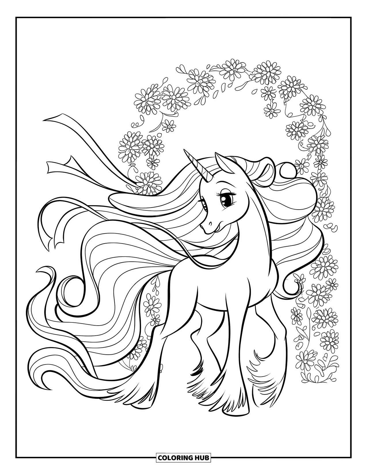 Coloriage de poney pour enfants : Un poney gracieux avec des rubans dans sa crinière se tient près d’une arche de fleurs en fleurs