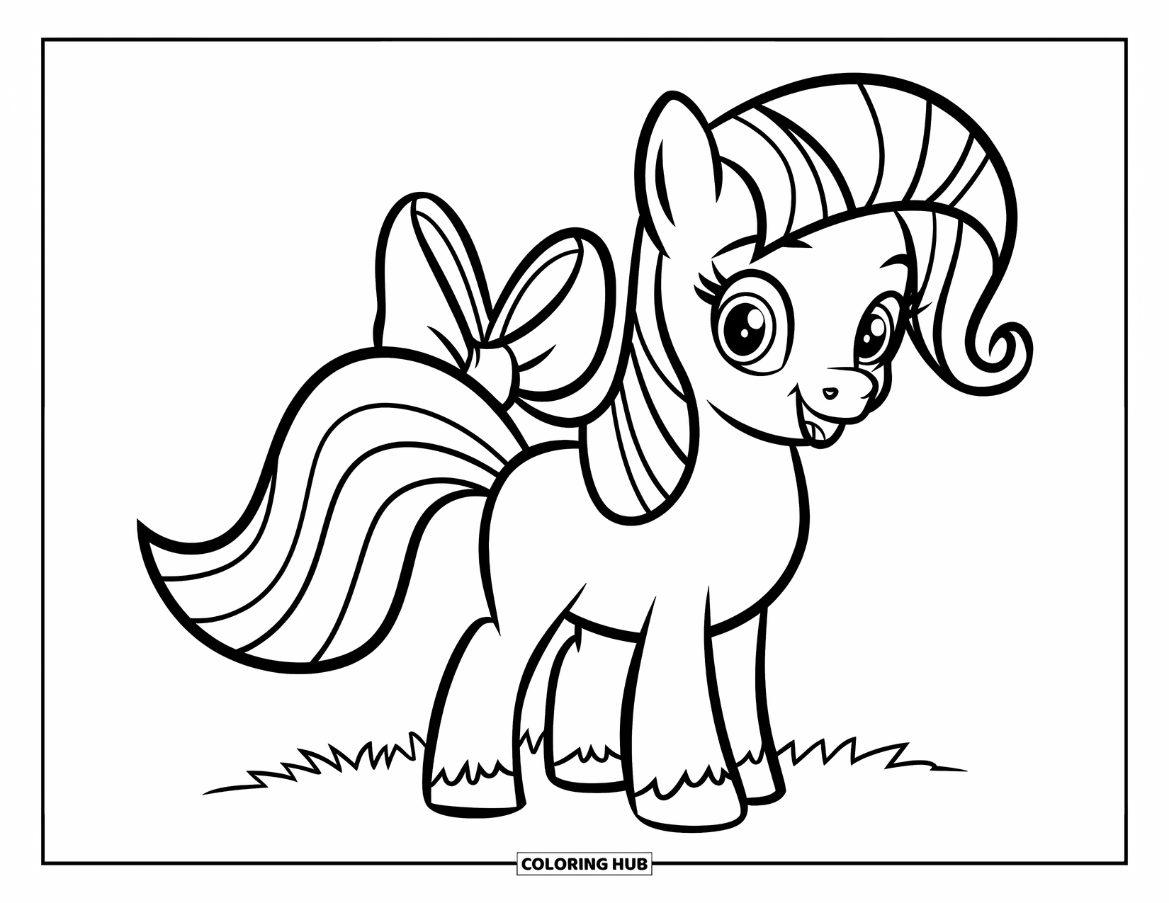 Coloriage de poney pour enfants : Un poney joyeux avec un nœud sur sa queue se tient sur une colline herbeuse