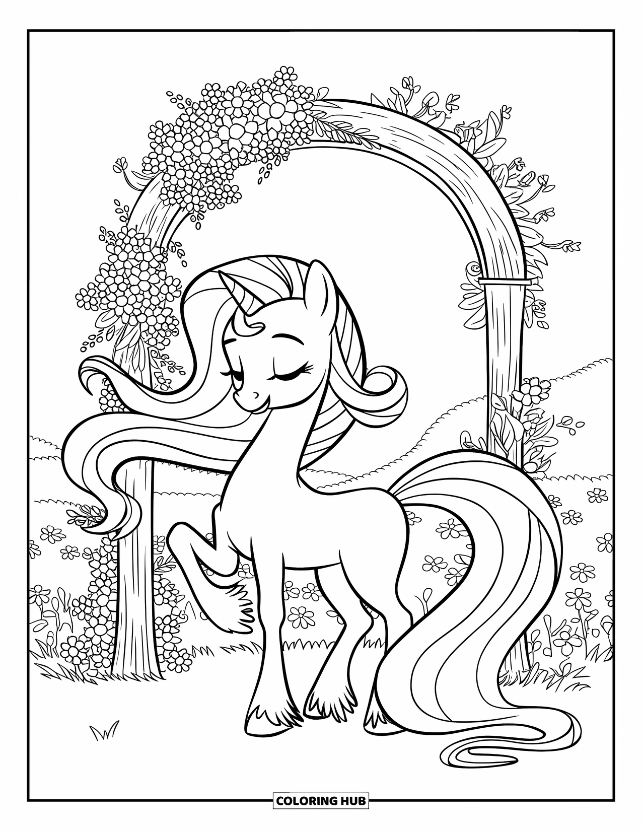 Coloriage de poney pour enfants : Un poney paisible avec une crinière ondulée se repose près d’une arche florale rustique dans une prairie