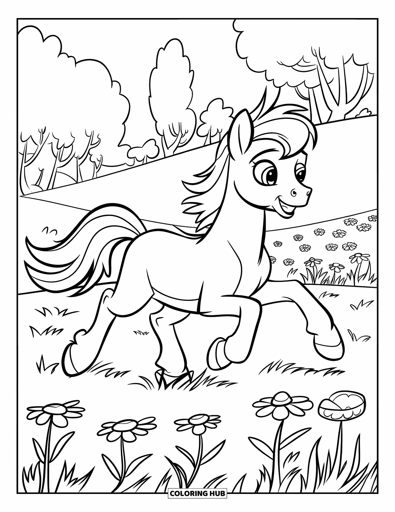 Coloriage de poney pour enfants : Un poney enjoué court à travers une prairie remplie de fleurs avec des arbres au loin