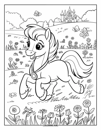 Coloriage de poney pour enfants : Un poney enjoué avec une médaille galope à travers une prairie remplie de fleurs