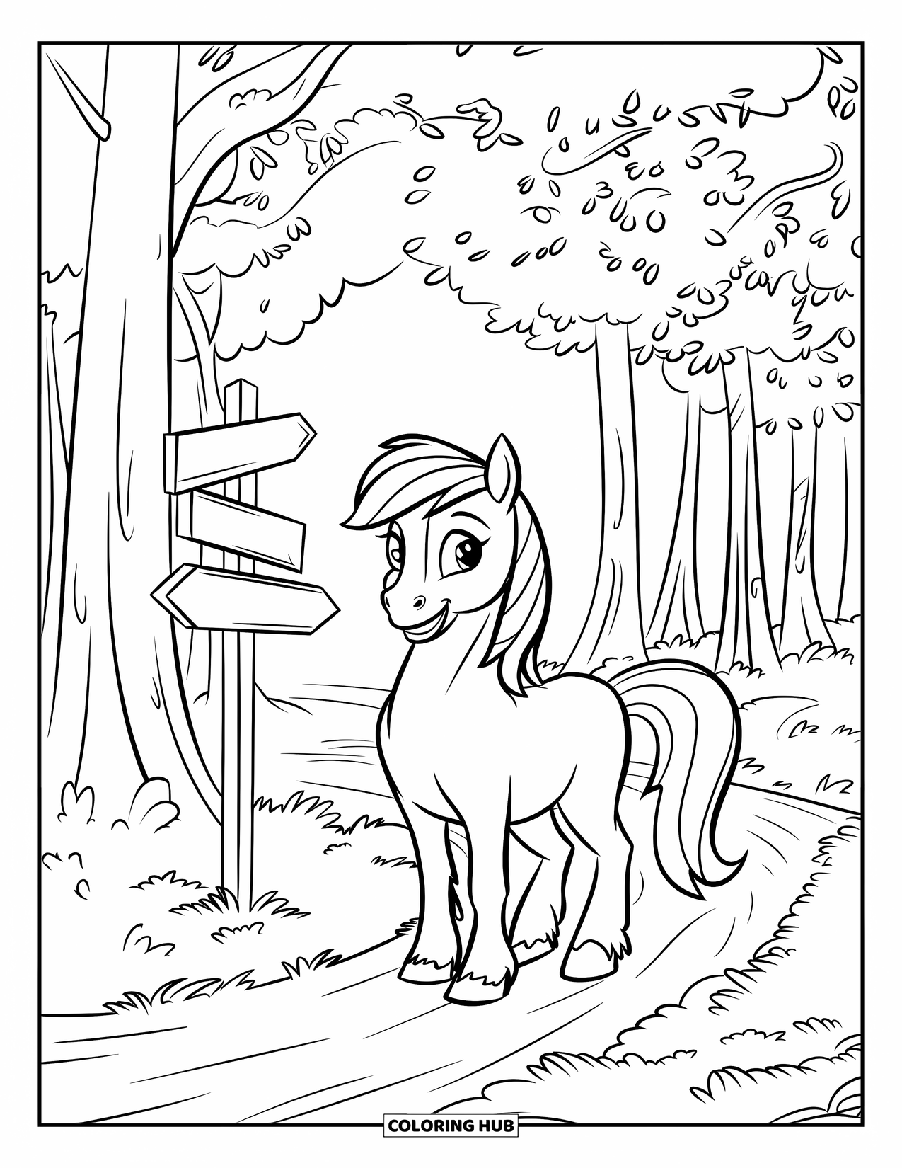 Coloriage de poney pour enfants : Un poney dans une bride se tient à côté d’un poteau indicateur le long d’un sentier boisé