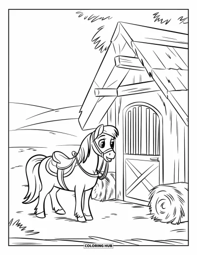 Coloriage de poney pour enfants : Un poney dans une selle se tient à côté d’une étable avec du foin et des collines
