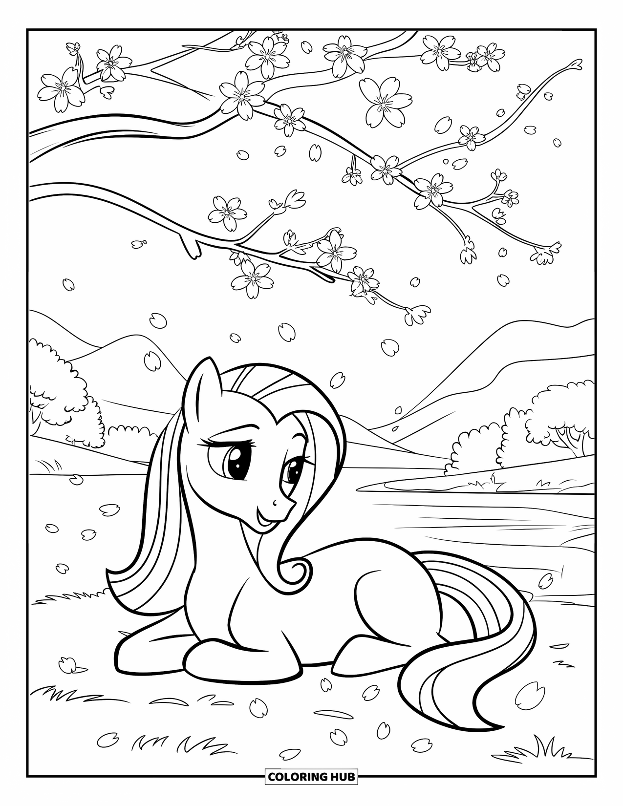 Coloriage de poney pour enfants : Un poney se détend sous un cerisier en fleurs près de l’eau, des montagnes et des arbres