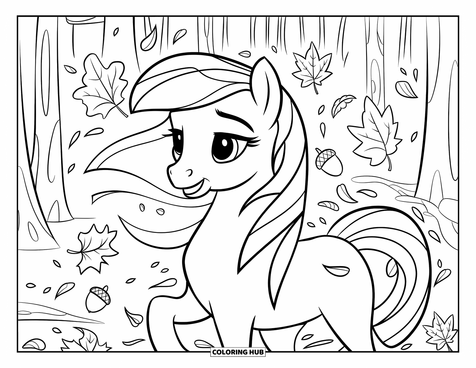 Coloriage de poney pour enfants : Un poney se tient parmi des feuilles d’automne tourbillonnantes et des glands dans une forêt tranquille