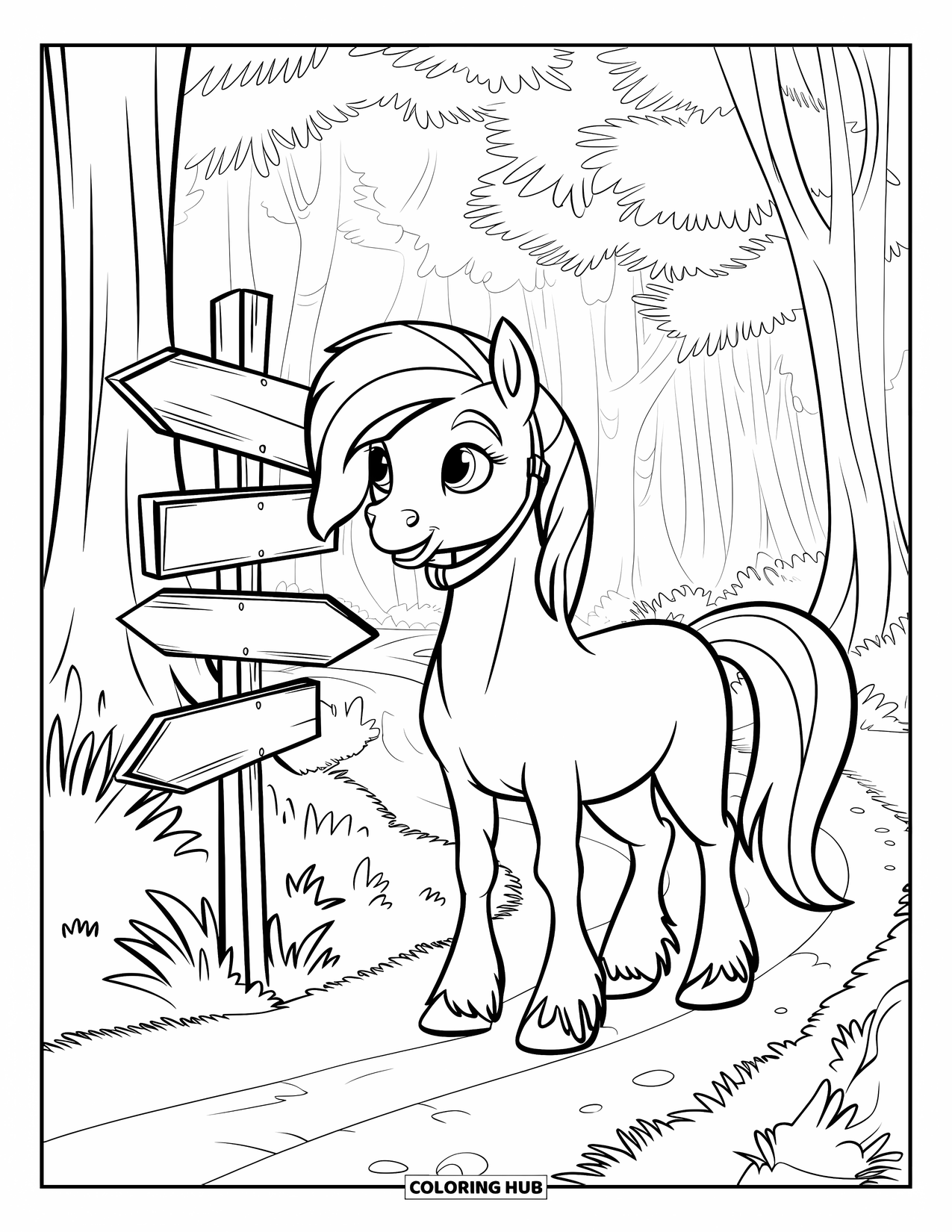 Coloriage de poney pour enfants : Un poney se tient à côté d’un poteau indicateur forestier avec des flèches pointant dans différentes directions