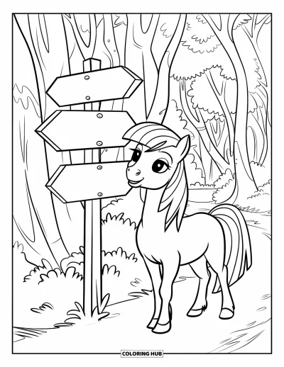 Coloriage de poney pour enfants : Un poney se tient à côté d’un poteau indicateur en bois sur un sentier forestier tranquille