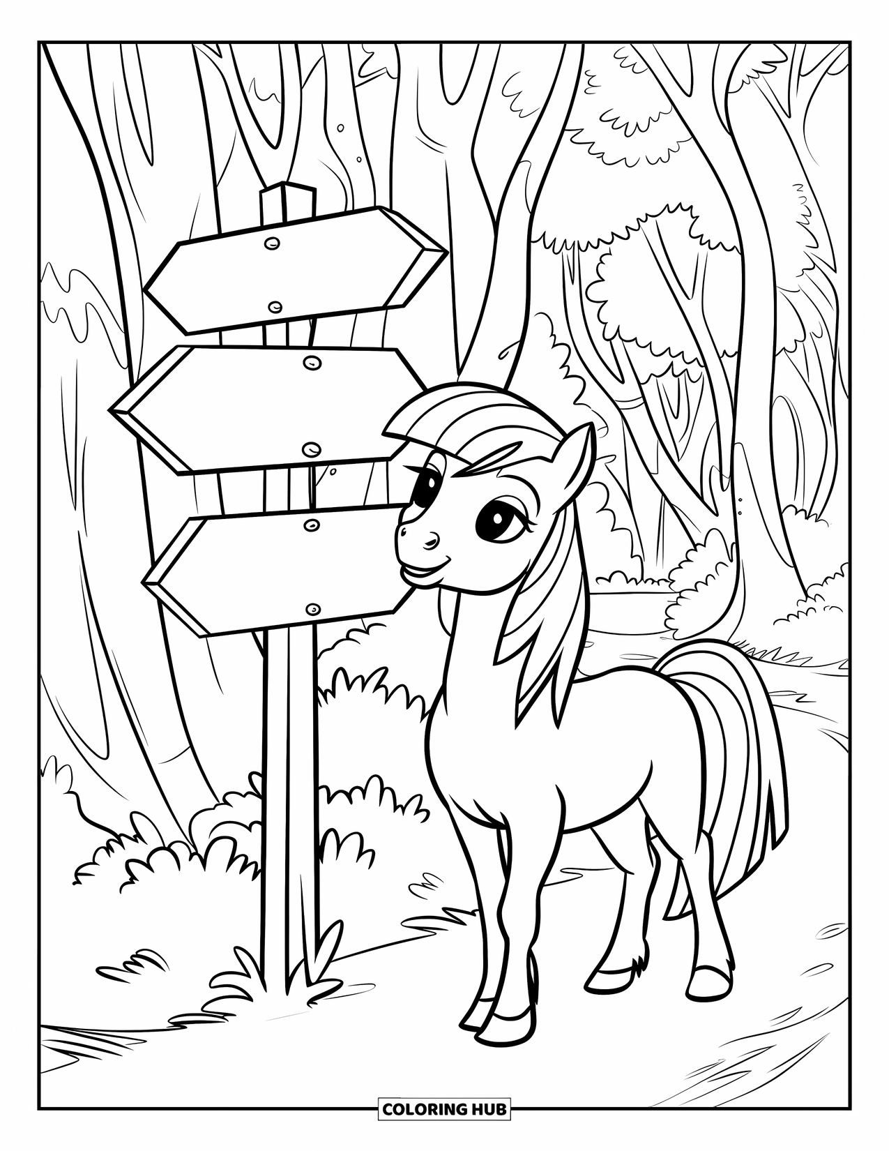 Coloriage de poney pour enfants : Un poney se tient à côté d’un poteau indicateur en bois sur un sentier forestier tranquille