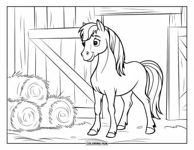 Coloriage de poney pour enfants : Un poney se tient dans l’embrasure d’une grange à côté de quelques balles de foin