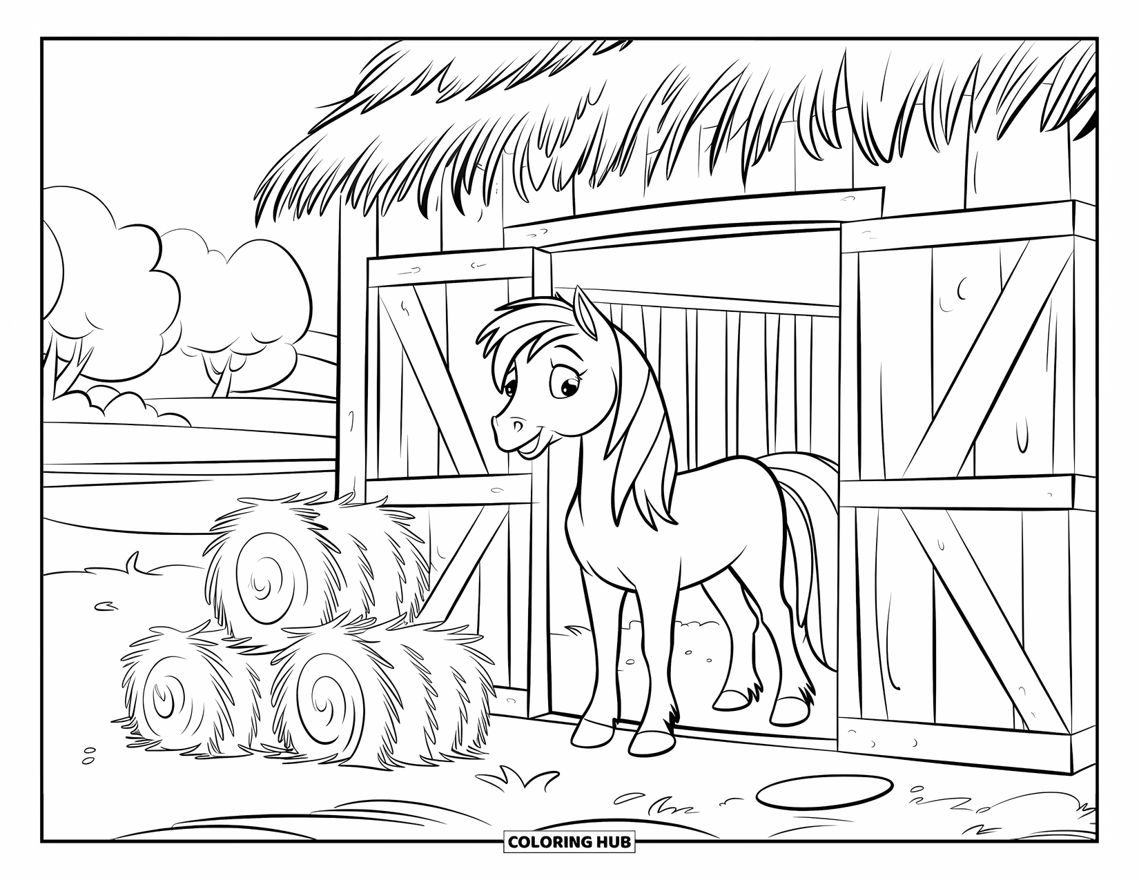 Coloriage de poney pour enfants : Un poney se tient dans l’embrasure d’une grange avec une vue paisible au-delà