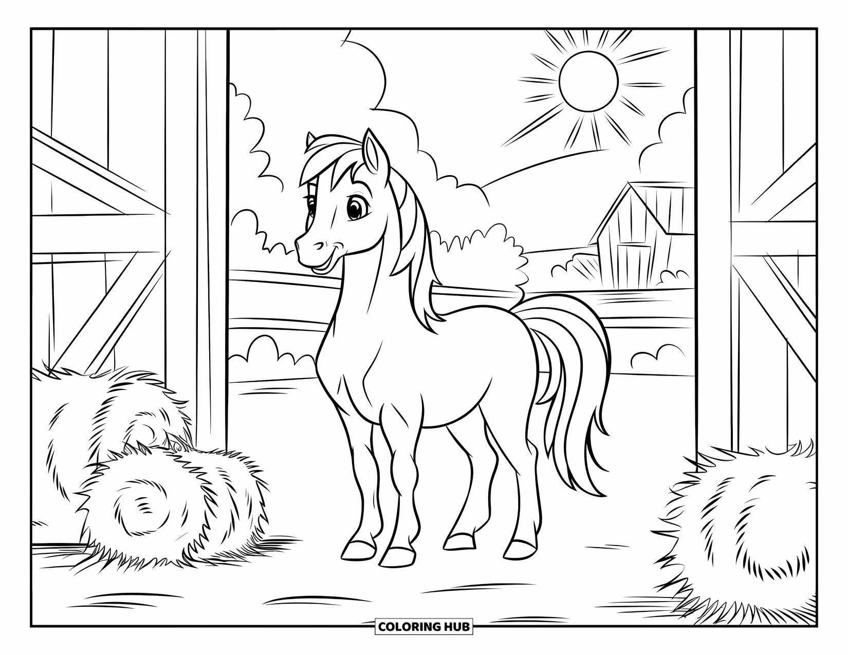 Coloriage de poney pour enfants : Un poney se tient dans l’embrasure d’une grange avec du foin et des arbres à l’extérieur