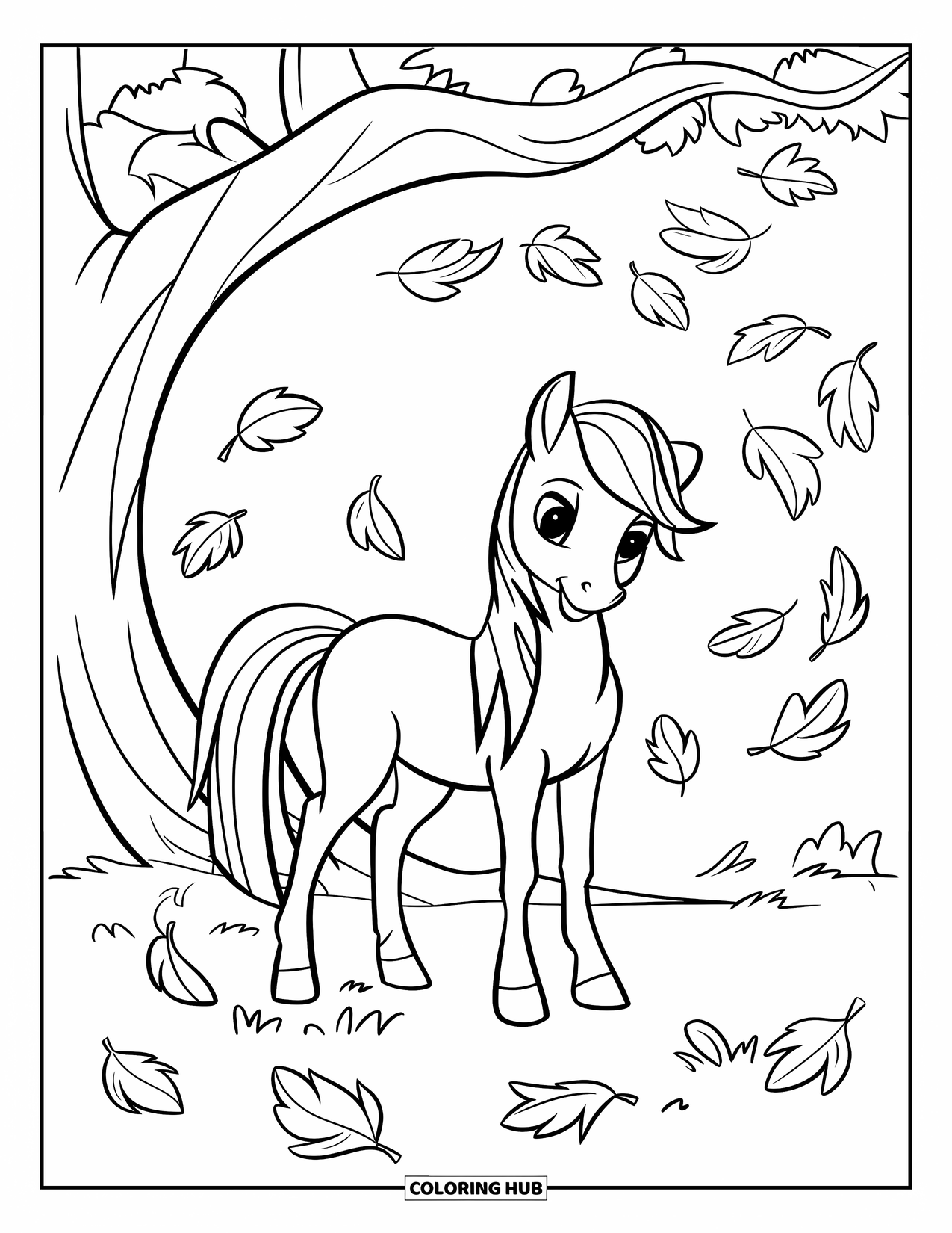 Coloriage de poney pour enfants : Un poney se tient sous un grand arbre tandis que des feuilles tombent doucement autour de lui