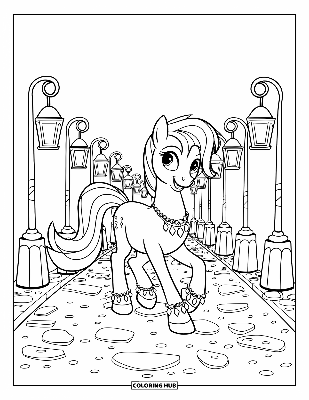 Coloriage de poney pour enfants : Un poney trotte sur un chemin pavé bordé de lanternes des deux côtés