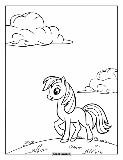 Coloriage de poney pour enfants : Un poney se promène le long d’une colline sous des nuages doux et gonflés