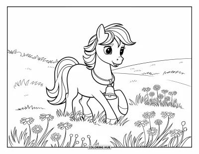 Coloriage de poney pour enfants : Un poney avec une clochette autour du cou se promène dans un champ ensoleillé rempli de marguerites