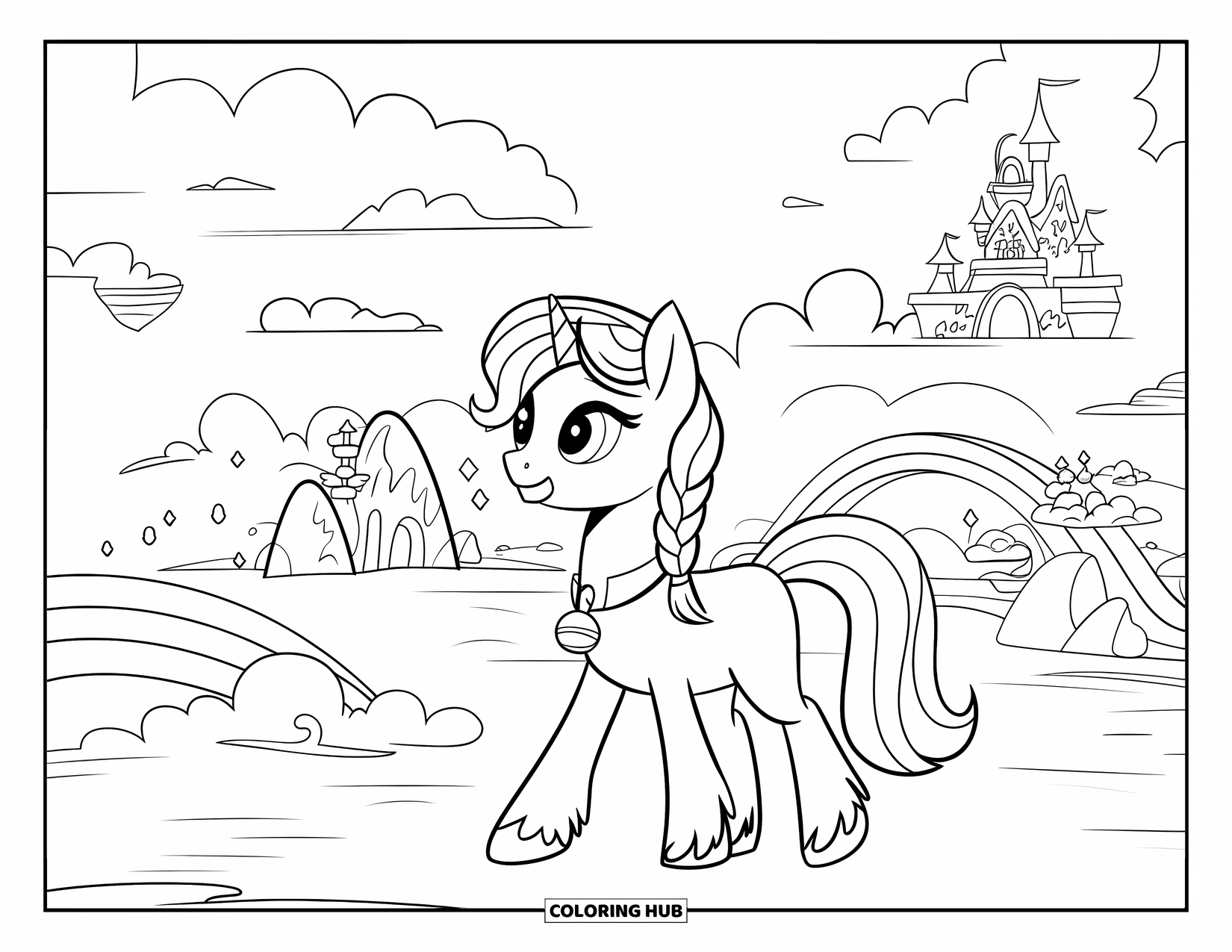 Coloriage de poney pour enfants : Un poney avec un collier à clochette et une sacoche passe devant des îles flottantes et un château dans le ciel