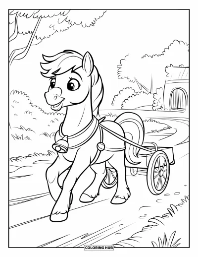 Coloriage de poney pour enfants : Un poney avec une clochette tire une petite charrette sur un chemin de terre tranquille