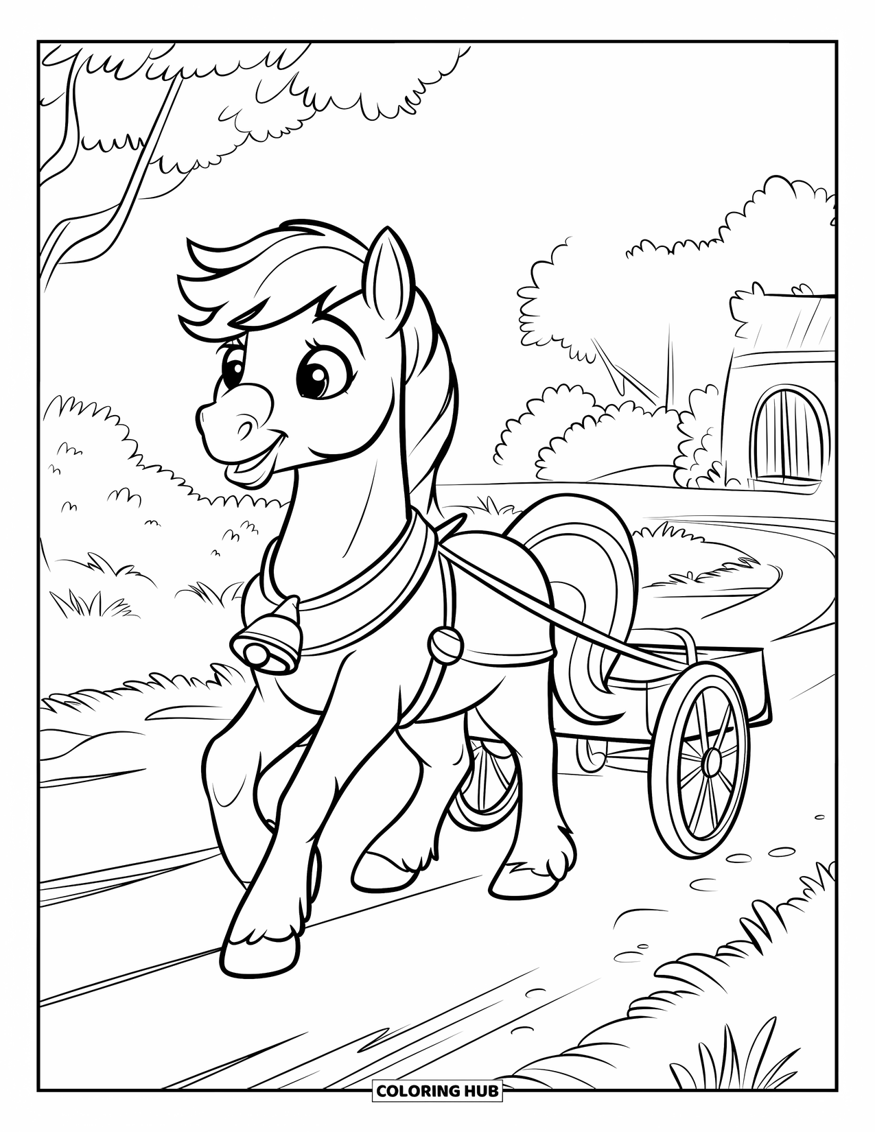 Coloriage de poney pour enfants : Un poney avec une clochette tire une petite charrette sur un chemin de terre tranquille