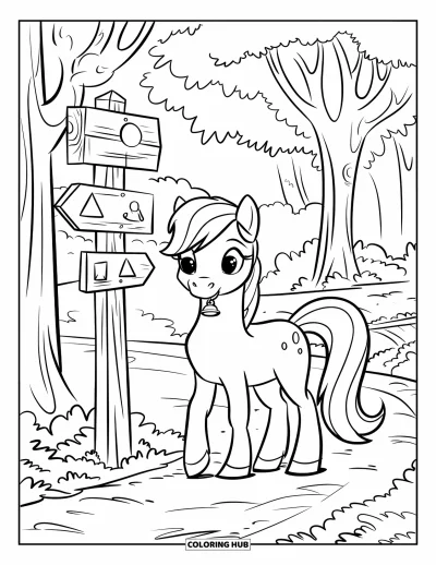 Coloriage de poney pour enfants : Un poney avec une clochette se tient à côté d’un poteau indicateur dans une forêt couverte de feuilles