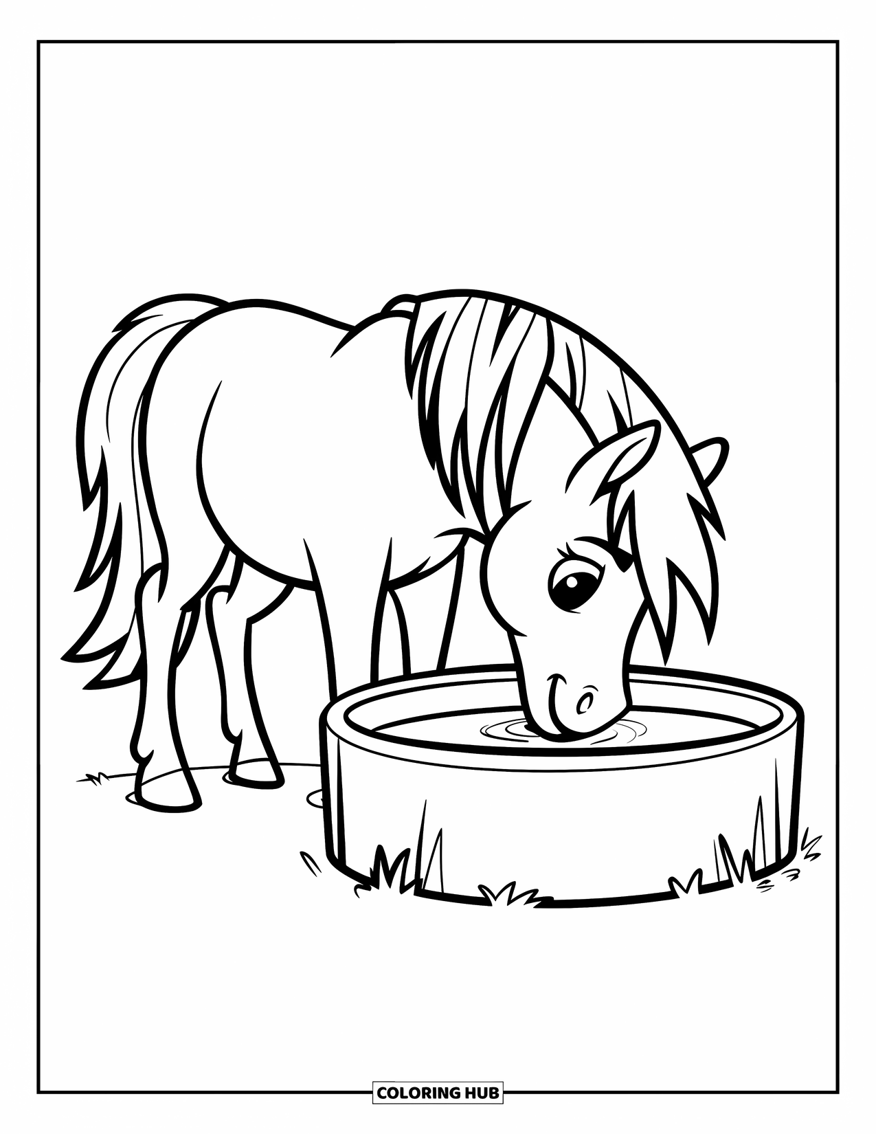 Coloriage de poney pour enfants : Un poney avec une crinière noire boit de l’eau dans une petite auge sur un terrain découvert