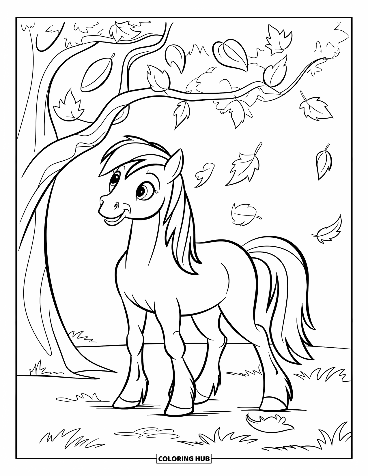 Coloriage de poney pour enfants : Un poney avec une crinière noire se tient sous un arbre avec des feuilles rondes qui tombent