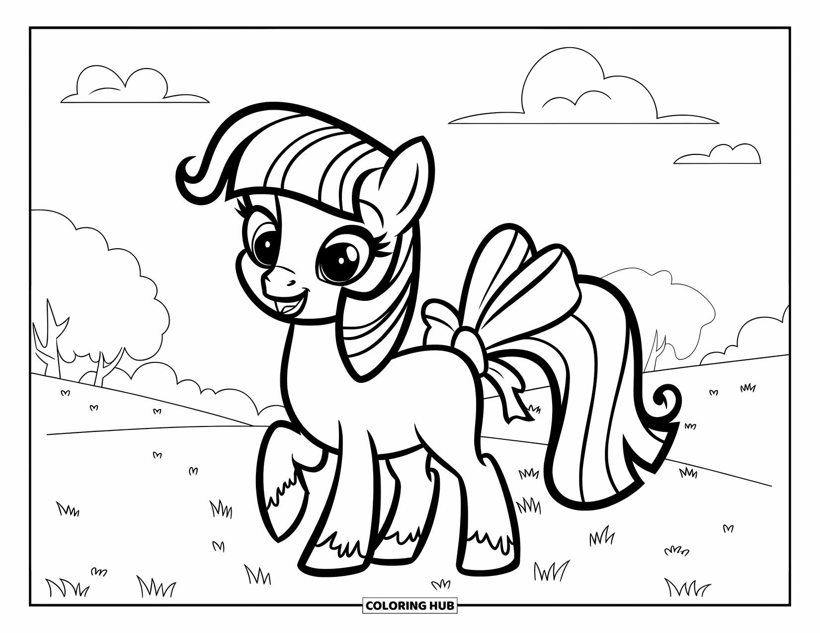 Coloriage de poney pour enfants : Un poney avec un nœud sur sa queue se tient sur un champ herbeux sous les nuages