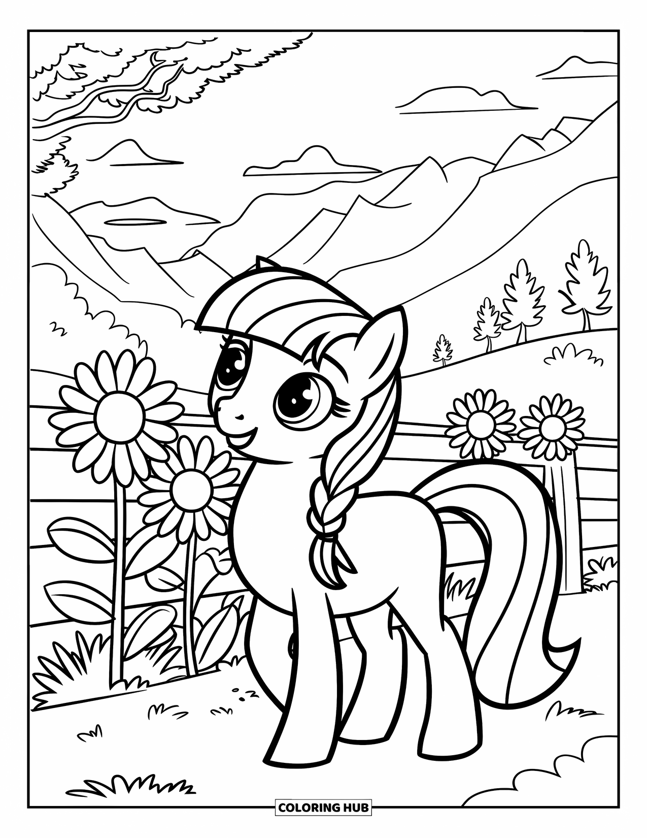 Coloriage de poney pour enfants : Un poney avec une tresse se tient près de tournesols et d’une vue sur la montagne