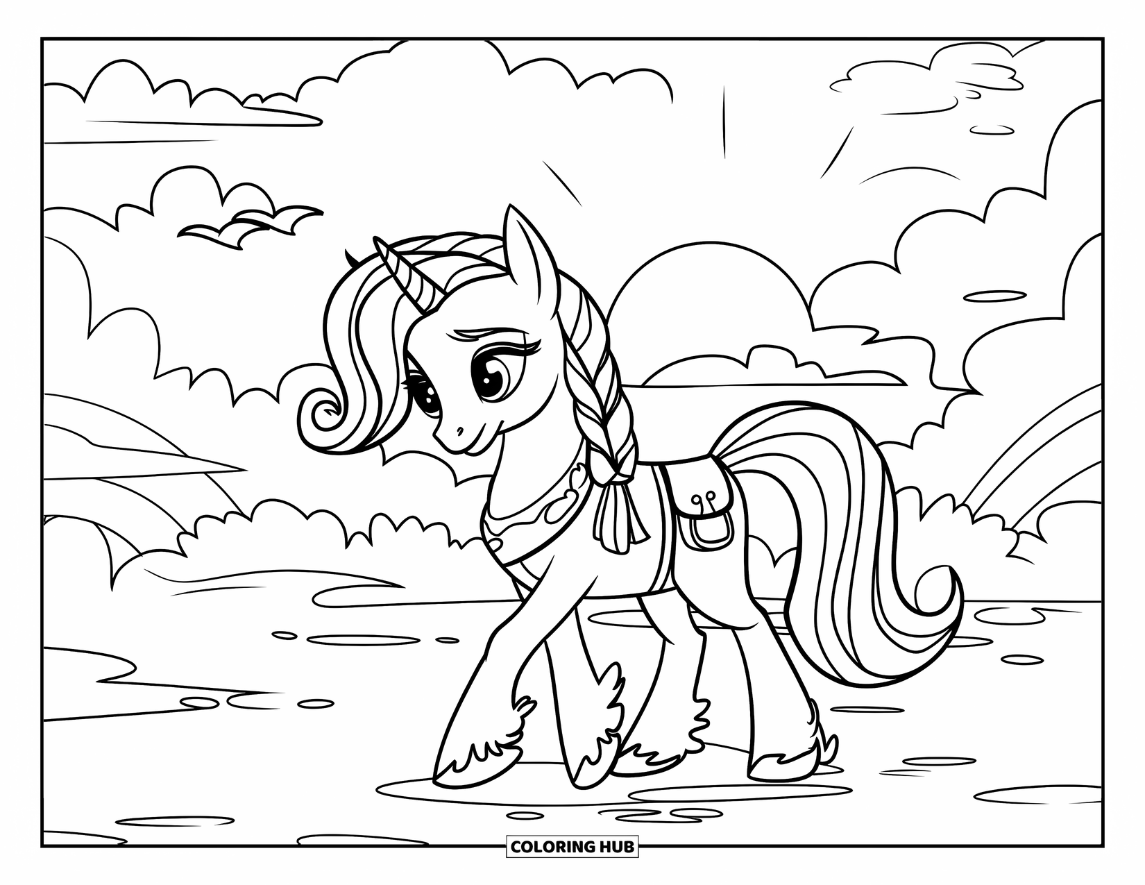 Coloriage de poney pour enfants : Un poney avec une crinière tressée et une sacoche se promène à travers des îles flottantes et des ciels arc-en-ciel