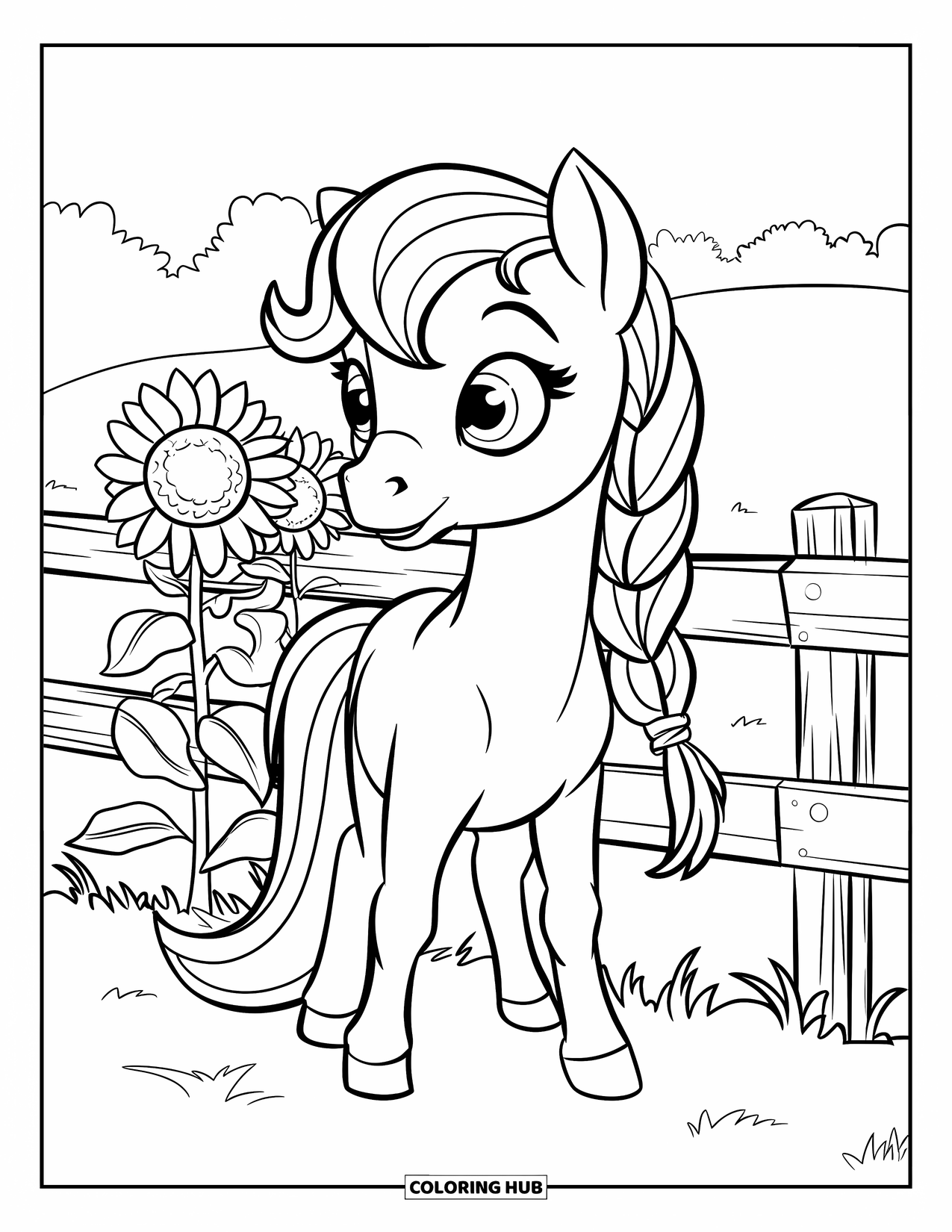 Coloriage de poney pour enfants : Un poney avec une crinière tressée se tient à côté d’une clôture bordée de tournesols
