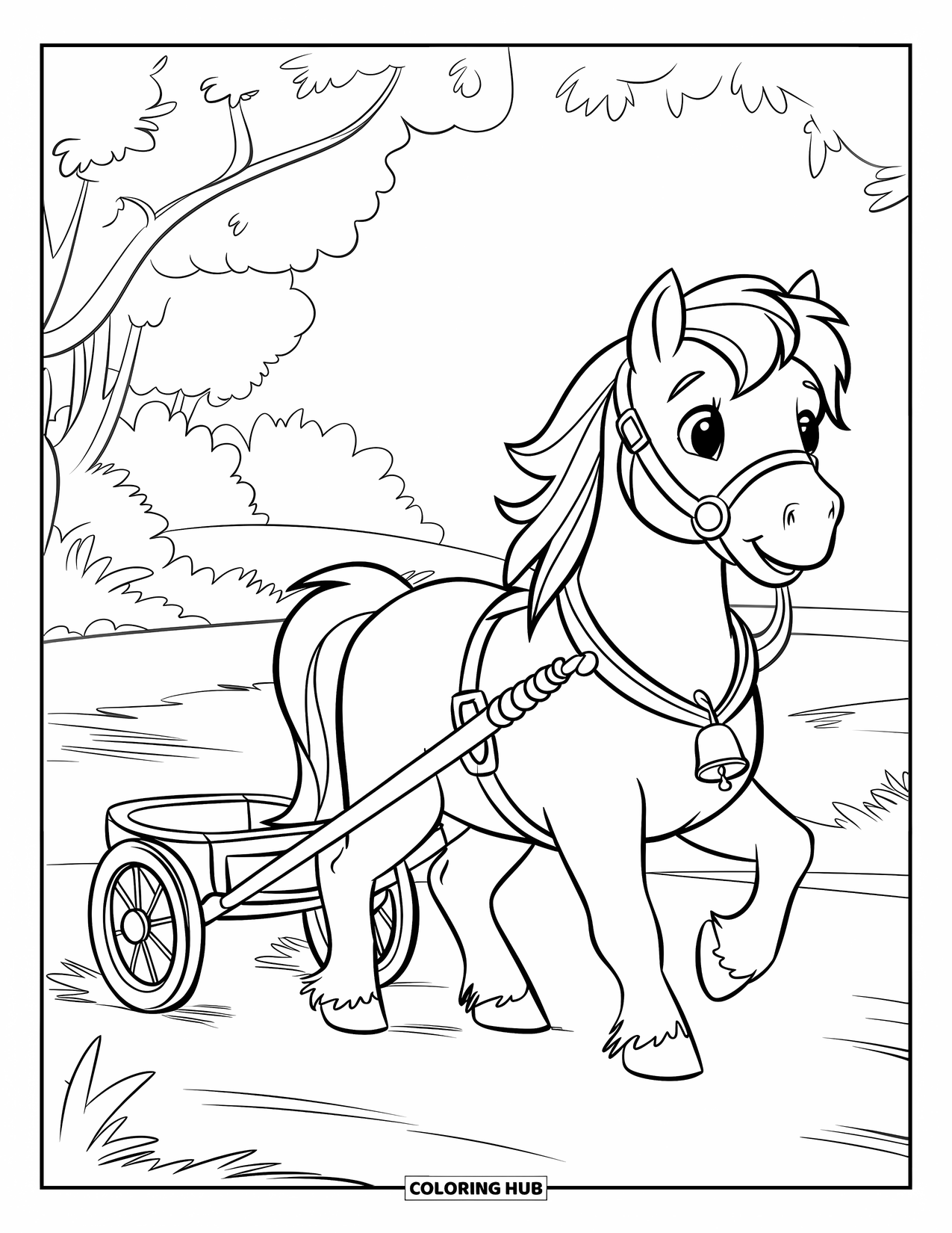 Coloriage de poney pour enfants : Un poney avec une bride tire une petite charrette à travers un champ herbeux